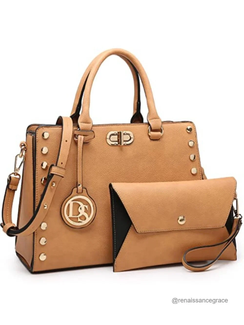 Vegan Leather Satchel Handbag with Top Handle and Detachable Clutch